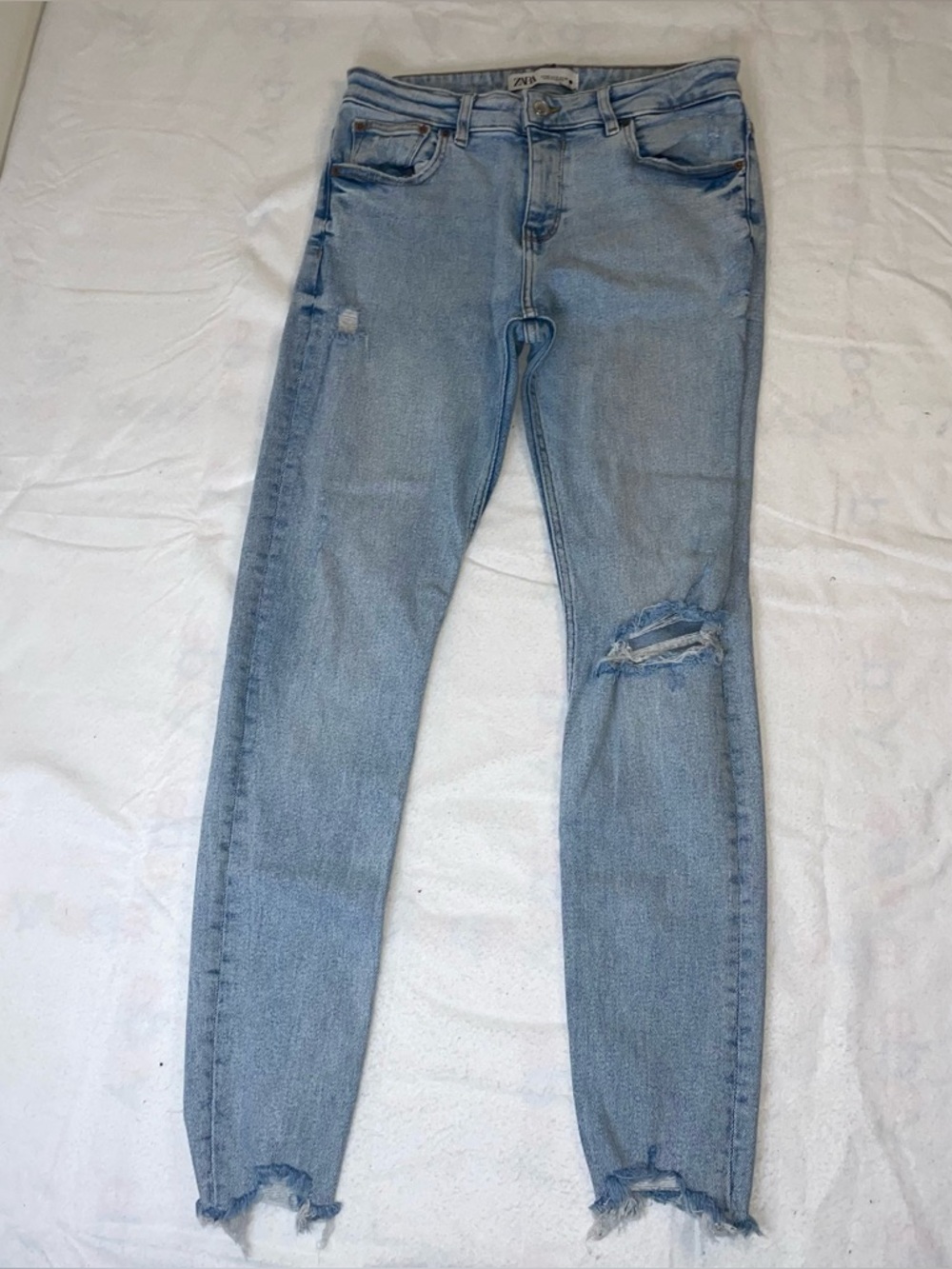 Zara Light Blue shark bite hem Distressed Skinny Jeans